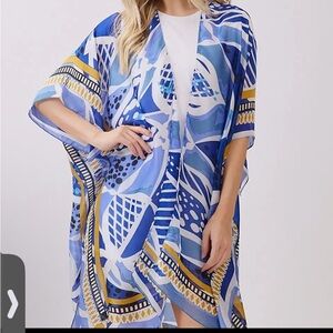 1145.  Blue & Yellow Abstract Print Kimono Cover-Up